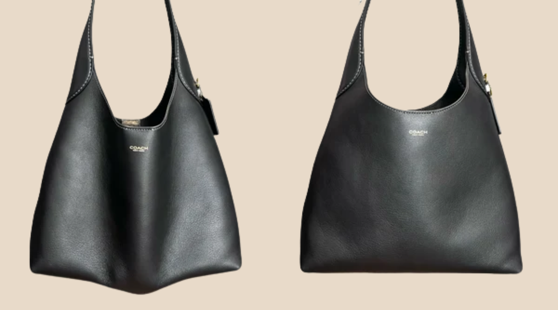 COACH Brooklyn 28 black shoulder bag showing base sagging comparison with and without a fitted base shaper