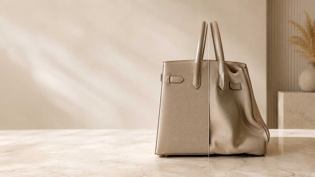 Structured leather handbag showing shape loss and base support