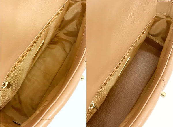 Correctly fitted base shaper with smooth edges resting flat inside a handbag