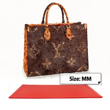 Brown Louis Vuitton Giant Monogram tote displayed with a red handbag base shaper on a neutral background