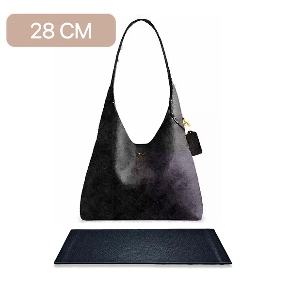 Black COACH Brooklyn 28 shoulder bag comparison showing a sagging base and a flatter bottom with a base shaper